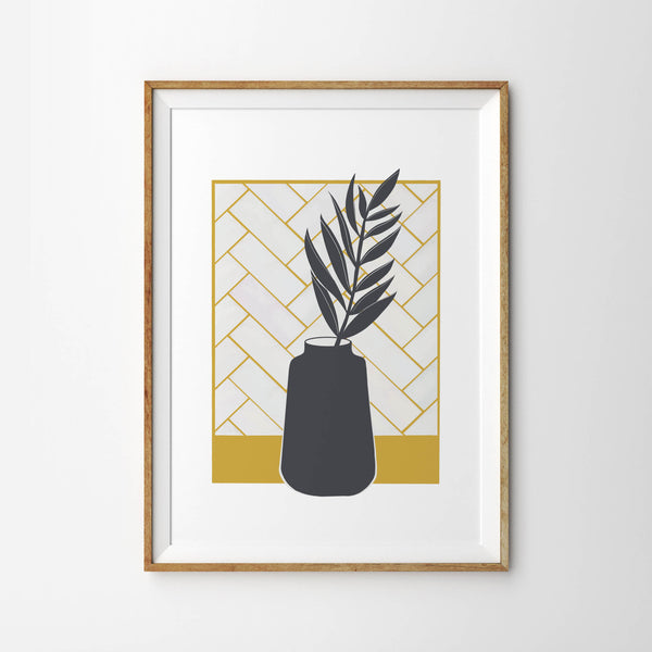 Botanical Vase Silhouette with Mustard Yellow Tile Effect - Tulip House Studio