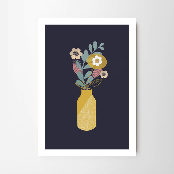 Deep Indigo and Yellow Vase with Colourful Flowers - Tulip House Studio