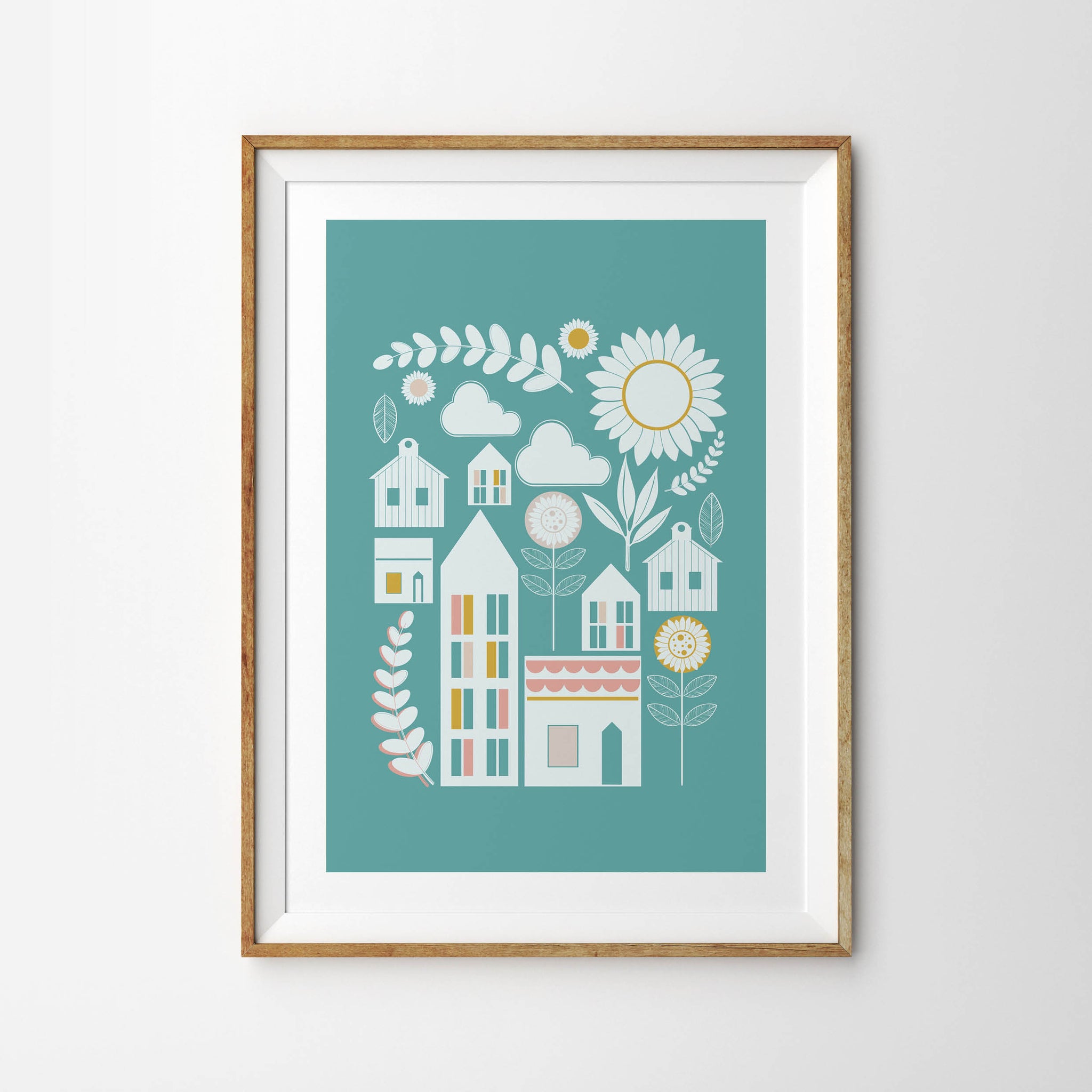 Scandi Sunflower Cosy Hygge Village Scene - Tulip House Studio