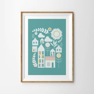 Scandi Sunflower Cosy Hygge Village Scene - Tulip House Studio