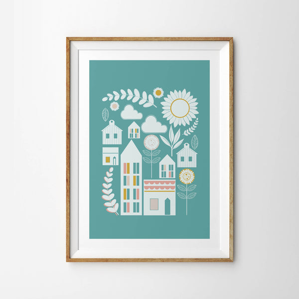 Scandi Sunflower Cosy Hygge Village Scene - Tulip House Studio