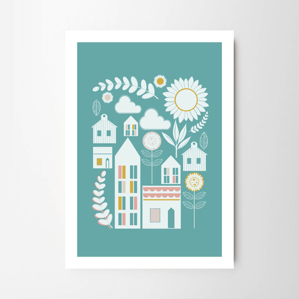 Scandi Sunflower Cosy Hygge Village Scene - Tulip House Studio
