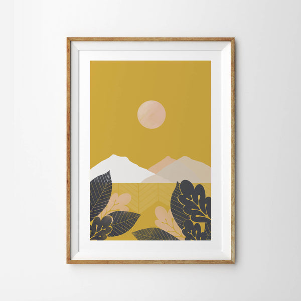 Mustard Sky Mountains and Moon Landscape - Tulip House Studio