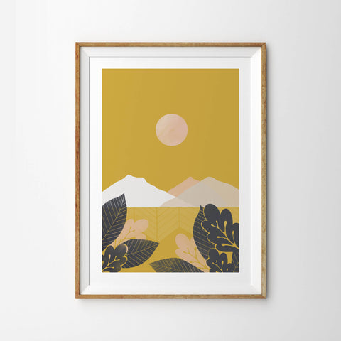 Mustard Sky Mountains and Moon Landscape - Tulip House Studio
