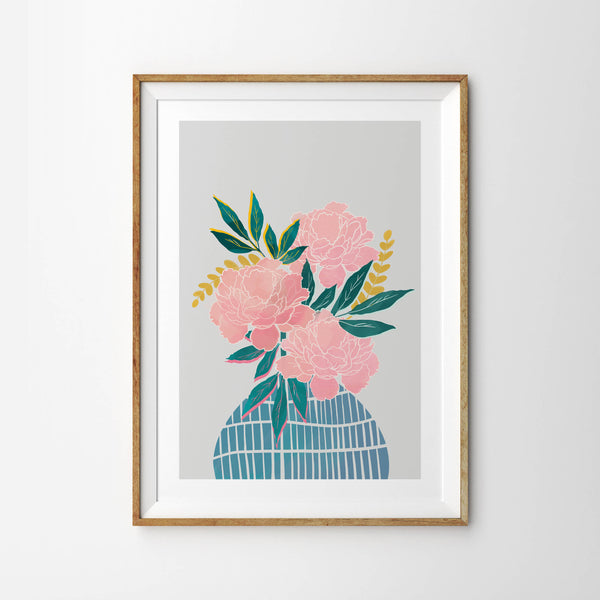 Pastel Pink Peony Flowers in Rustic Blue Patterned Vase - Tulip House Studio