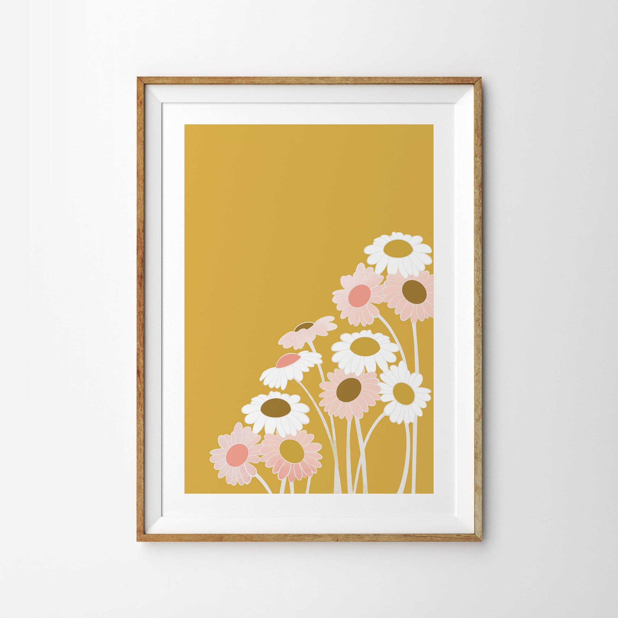 Pastel Pink and White Daisy Flowers with Mustard Wall - Tulip House Studio