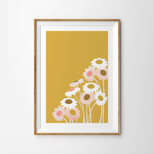 Pastel Pink and White Daisy Flowers with Mustard Wall - Tulip House Studio