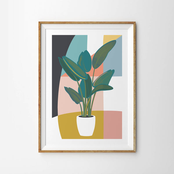 Green Leaf Rubber Plant set to Colourful Abstract Wall - Tulip House Studio