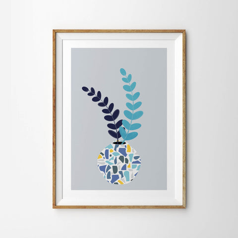Eucalyptus Stem and Leaves in Terrazzo Blue Vase - Tulip House Studio