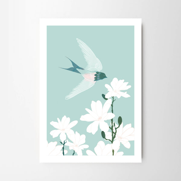 Beautiful Swallow with Pretty White Magnolias - Tulip House Studio
