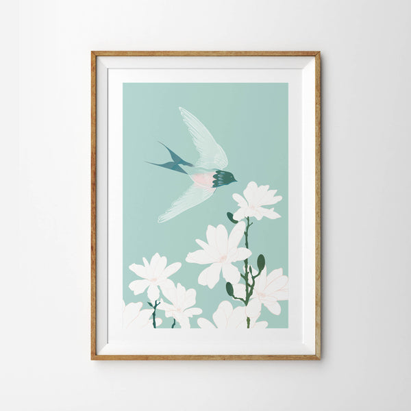 Beautiful Swallow with Pretty White Magnolias - Tulip House Studio