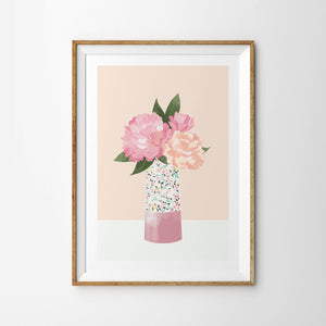Pastel Pink Peony Flowers in Terrazzo Pattern Vase - Tulip House Studio
