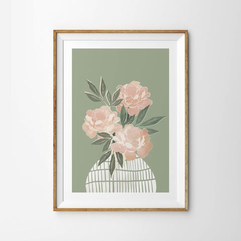 Blush Pink Peony Flowers in Rustic Green Patterned Vase - Tulip House Studio